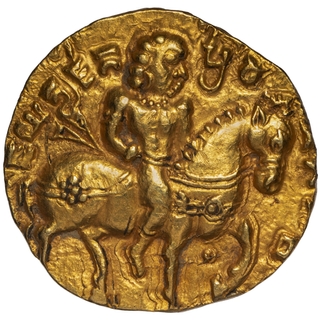 The Finest Known Exceptionally Rare Gold Dinar Plate Specimen Coin of Kumaragupta I of the Gupta Dynasty, Horseman Type Depicting the Goddess Holding a Lotus.