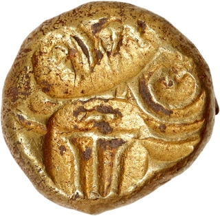 Punch Marked Gold Pagoda Coin  of  Bhujabala of Telugu Chodas of Nellore with Nagari legend and trident.