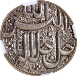 Graded by NGC as AU 58  Rare Silver One Rupee Coin of Akbar of Ahmadabad Mint of Tir Month.