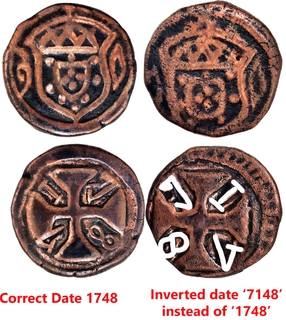Indo-Portuguese, Diu – D. Joao V, Lot of 2 Copper Atia (¼ Tanga) Error Coins, 1748 & "7184", Very Rare as a Pair.