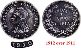 Indo-Portuguese  Portuguese Administration Silver Uma Rupia 1912 /1911 AD  (2 over 1) Coin. 
