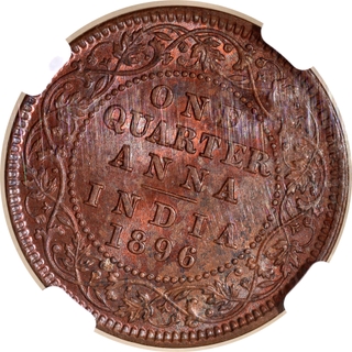 Rare NGC MS 63 BN Graded Copper One Quarter Anna Coin of Victoria Empress of Calcutta Mint of 1896.