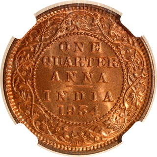 Extremely Rare Top-Pop NGC MS 67 RD Graded Bronze One Quarter Anna Coin of King George V of Calcutta Mint of 1934.