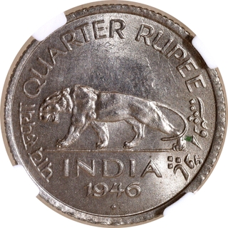 Rare NGC MS 64 Graded Nickel Quarter Rupee Coin of King George VI of Bombay Mint of 1946.