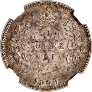 Extremely Rare NGC MS 61 Graded Silver Half Rupee Coin of King Edward VII of Calcutta Mint of 1909.