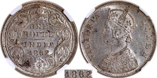 Very Rare NGC MS 62 Graded Silver One Rupee Coin of Victoria Queen of Madras Mint of 1862.