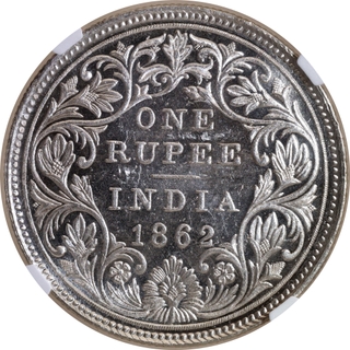 Very Rare NGC MS 63 Graded Silver One Rupee Coin of Victoria Queen of Madras Mint of 1862.