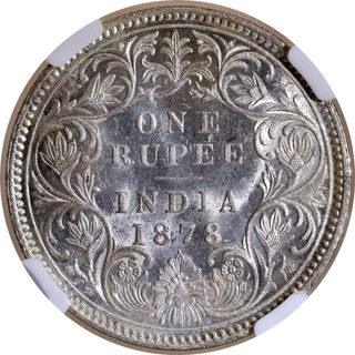Very Rare NGC MS 61 Graded Silver One Rupee Coin of Victoria Empress of Bombay Mint of 1878.