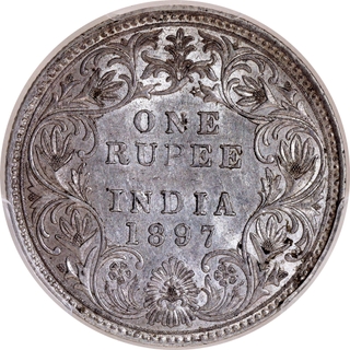 Extremely Rare PCGS MS 61 Graded Silver One Rupee Coin of Victoria Empress of Bombay Mint of 1897.