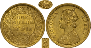 Very Rare Gold One Mohur Coin of Victoria Queen of Calcutta Mint of 1862 with Single Flower.