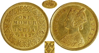 Extremely Rare Gold One Mohur Coin of Victoria Queen of Calcutta Mint of 1862 with Two Flowers.
