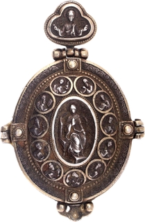 Russian Reliquary Panagia Christ Icon Silver and Gold Gilt Mothers of God Pendant openable. 