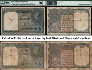Extremely Rare Pair of 1944 British India One Rupee Banknotes of W Prefix of King George VI Signed by C E Jones with both Black and Green Serial numbers.