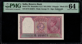 Rare PMG 64 Graded British India Two Rupees Banknote of King George VI of 1943 Signed by C D Deshmukh.