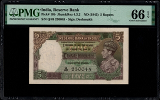 Rare PMG 66 Graded Gem Uncirculated Five Rupees Banknote of King George VI Signed by C D Deshmukh of British India of 1944.