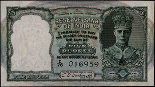 Rare Five Rupees Banknote of King George VI Signed by C D Deshmukh of 1944.