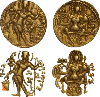 Unlisted Samudragupta (335-370 AD) Gold Coin, Probable Tribal Issue with Queen Seated on an Elongated Throne.