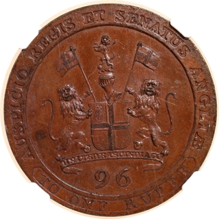Madras Presidency, East India Company-1794 Copper Proof Mule Half-Dub (96th Rupee), Soho Mint, NGC PF 64 BN, Very Rare, Ex. Puddester Collection.