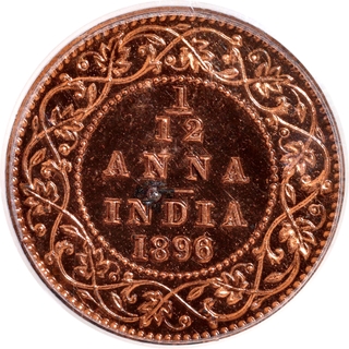 Extremely Rare Top Pop PCGS PR 63 RD Graded Original Proof Copper One Twelfth Anna Coin of Victoria Empress of Calcutta Mint of 1896.