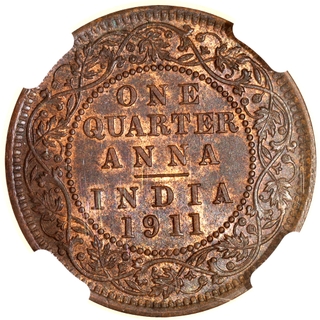 Key Date NGC MS 64 BN Graded Bronze One Quarter Anna Coin of King George V of Calcutta Mint of 1911.