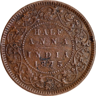 Extremely Rare Copper Half Anna Coin of Victoria Queen of Calcutta Mint of 1875.