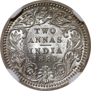 Very Rare NGC MS 64 Graded Silver Two Annas Coin of Victoria Empress of Calcutta Mint of 1881.
