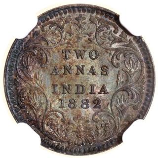 Extremely Rare Top Pop NGC MS 64 Graded Silver Two Annas Coin of Victoria Empress of Calcutta Mint of 1882.