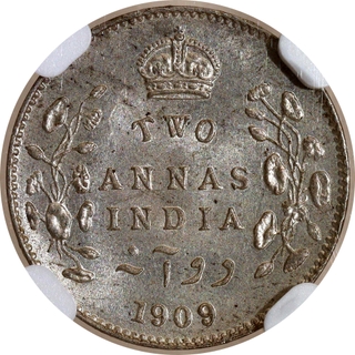 Key Date Extremely Rare NGC MS 62 Graded Silver Two Annas Coin of King Edward VII of Calcutta Mint of 1909.