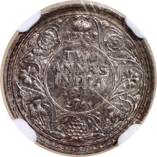 Extremely Rare NGC MS 63 Graded Silver Two Annas Coin of Calcutta Mint of King George V of 1911.