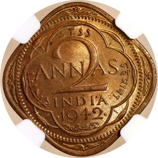 Extremely Rare Top Pop NGC MS 65 Graded Nickel Brass Two Annas Coin of King George VI of Bombay Mint of 1942.