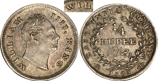 Rare PCGS AU 58 Graded Silver Quarter Rupee Coin of King William IIII of Bombay Mint of 1835 of Persian Variety.