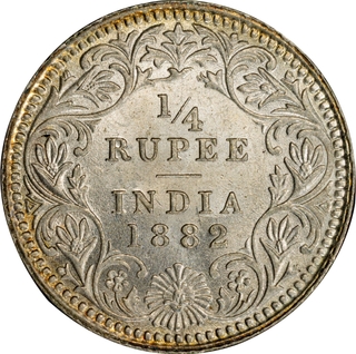 Extremely Rare Top Pop PCGS MS 63 Graded Victoria Empress of 1882 of Calcutta Mint of Silver Quarter Rupee.