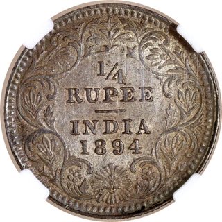 Very Rare NGC MS 63 Graded Silver Quarter Rupee Coin of Victoria Empress of Calcutta Mint of 1894.