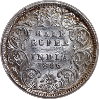 Very Rare PCGS AU 58 Graded Silver Half Rupee Coin of Victoria Empress of Calcutta Mint of 1886.