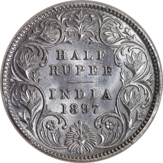 Extremely Rare PCGS MS 62 Graded Silver Half Rupee Coin of Victoria Empress of Calcutta Mint of 1897.