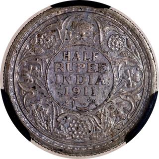 Exceedingly Rare NGS AU 50+ Graded Silver Half Rupee Coin of King George V of Calcutta Mint of 1911.
