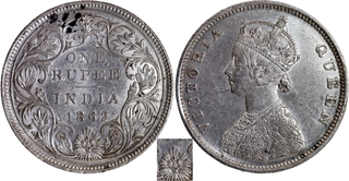 Extremely Rare Half Anna Die Silver One Rupee Coin of Victoria Queen of Bombay Mint of 1862 of A/II/0/3 Dots.