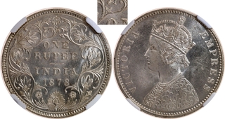 Extremely Rare NGC MS 63 Graded Silver One Rupee Coin of Victoria Empress of Bombay Mint of 1878.