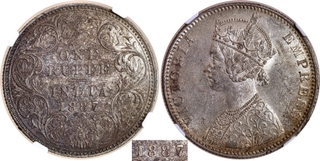 Very Rare NGC MS 61 Graded Silver One Rupee Coin of 1887 (7 over 6) of Victoria Empress of Bombay Mint.
