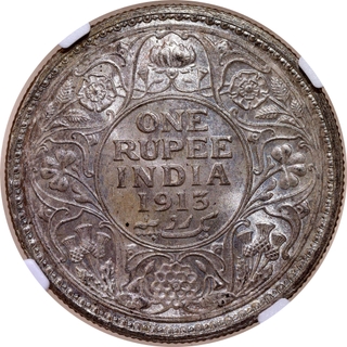Extremely Rare Top Pop NGC MS 65 Silver One Rupee Coin of King George V of Calcutta Mint of 1913.