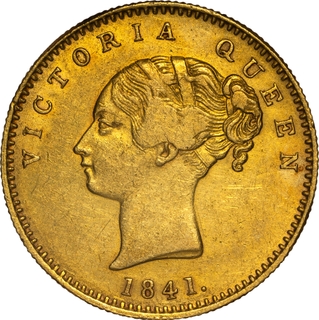 Extremely Rare Gold One Mohur Coin of Victoria Queen Continuous Legend of Calcutta or Bombay Mint of 1841.