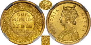 Very Rare NGC MS 61 Graded Gold One Mohur Coin of Victoria Queen of Calcutta Mint of 1862 with Single Flower.