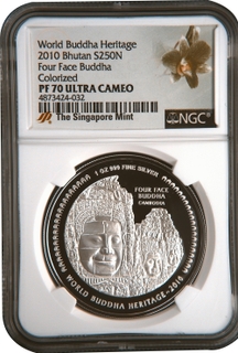 NGC Graded PF 70 Silver 250 Ngultrums Coin of World Buddha Heritage of Bhutan of 2010.