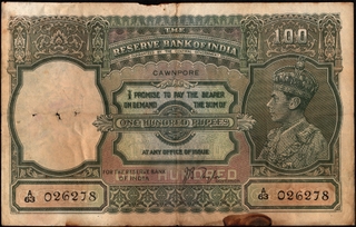 Very Rare One Hundred Rupees Banknote of King George VI Signed by J B Taylor of 1938 of Cawnpore Circle.