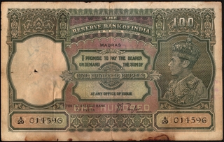 Rare One Hundred Rupees Banknote of King George VI of 1938 Signed by J B Taylor of Madras Circle.