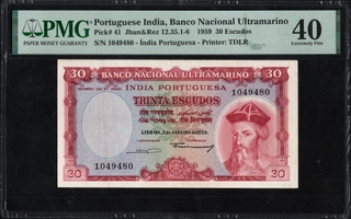 Rare PMG 40 Graded Thirty Escudos Banknote of Banco Nacional Ultramarino of Indo Portuguese of 1959.