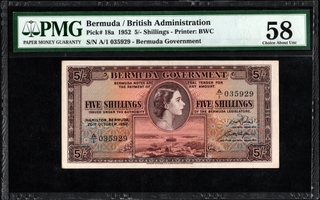 Rare PMG 58 Graded Five Shillings Banknote of Queen Elizabeth II of Bermuda of 1952.