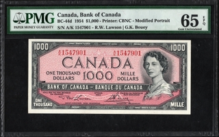 Extremely Rare PMG 65 Graded One Thousand Dollars Banknote of Queen Elizabeth II of Canada of 1954.