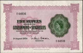 Rare Five Rupees Banknote of Queen Elizabeth II of Seychelles of 1954.