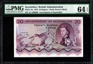 Very Rare PMG 64 Graded Twenty Rupees Banknote of Queen Elizabeth II of Seychelles of 1974.